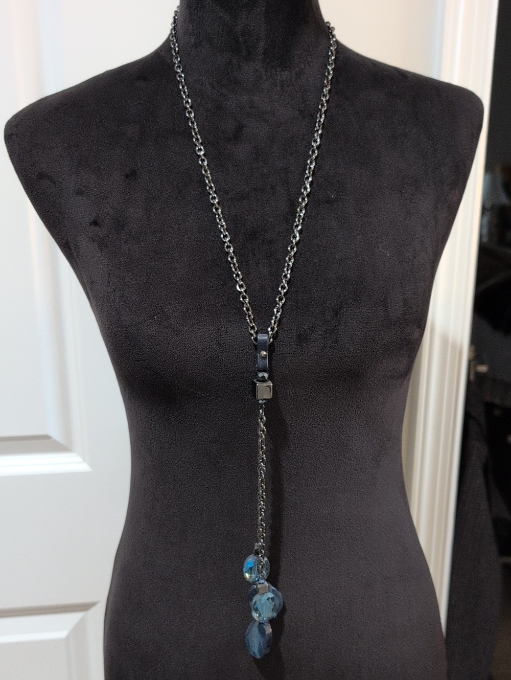 Chicos Adjustable Length Long Black Chain Necklace with Blue Crystal Drops